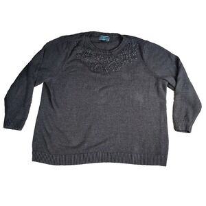 Karen Scott KS Womens 3X Flower Embroidered Crew Neck Gray Knit Sweater Pullover